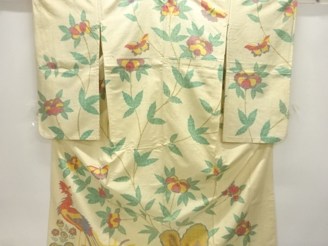 大正ロマン　型染花鳥模様手織り紬単衣着物